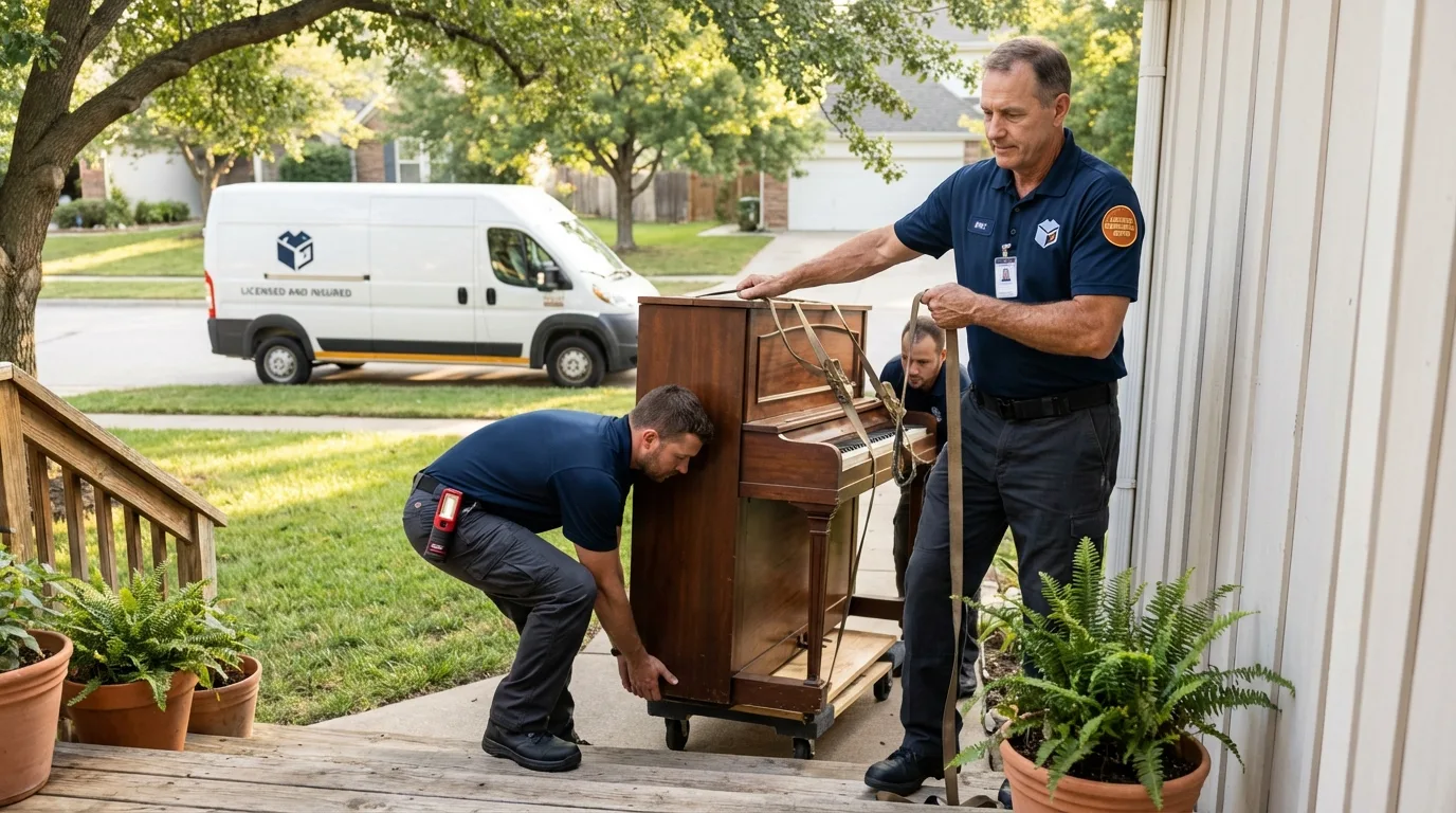 Licensed piano movers securing grand piano in Carrabelle, FL