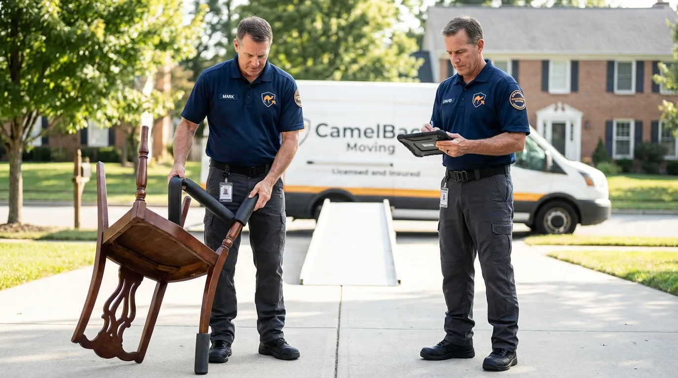 Movers inspecting furniture for damage prevention before loading in Carrabelle, FL